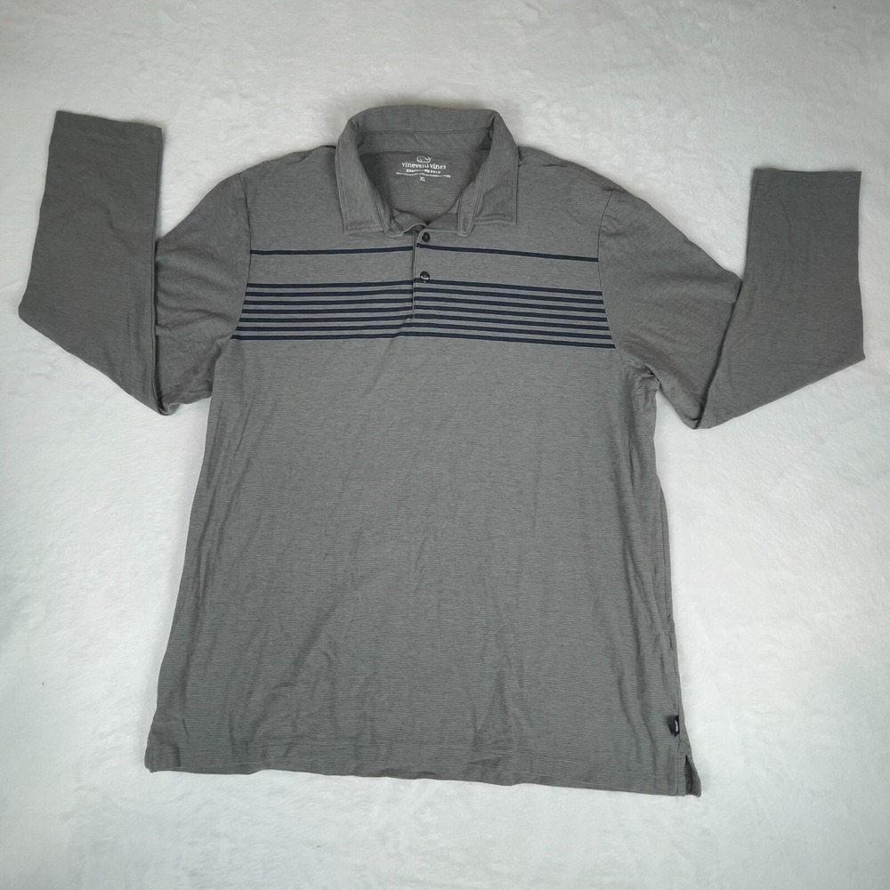 Vineyard Vines Edgartown Polo Shirt Mens XL Gray‎ Striped Slit Golf Performance
